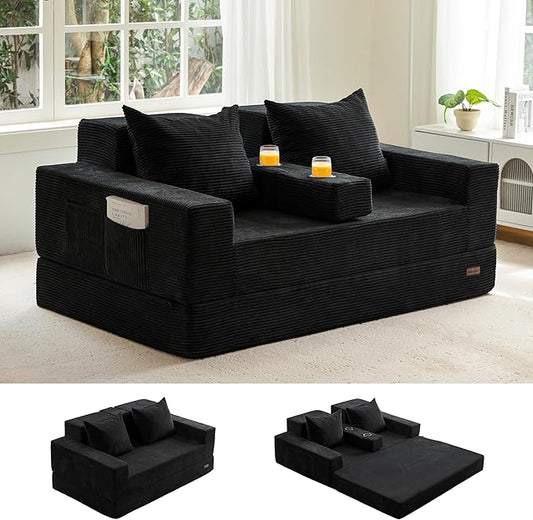 MAXYOYO Loveseat Sofa Bed, 64" Foldable Floor Sofa Couch in A Box with 2 Cup Holders, 4 in 1 Convertible Boneless Couch Folding Recliner Sleeper Chair for Living Room, No Assembly Required, Black