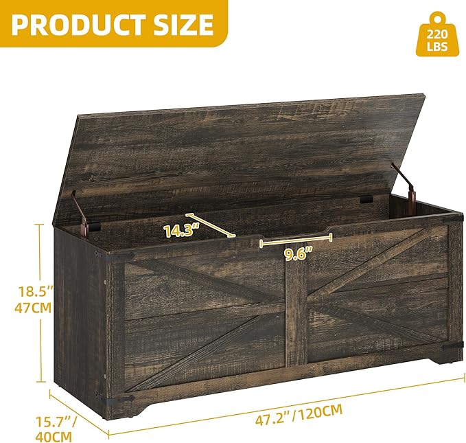 DWVO Storage Bench, 47.2" Farmhouse Storage Chest with 2 Safety Hinges, Wooden Storage Organizer, Shoe Bench for Entryway, Bedroom, Living Room, Dark Rustic Oak