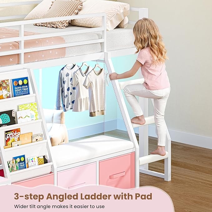 MSmask Low Loft Bed with 7 Storage Drawers & Reading Nook, Kids Twin Loft Bed with Bookshelf, LED Lights & Safety Guardrail, Loft Bed Twin Size with 35.8''H Play Space, Inclined Ladder, White & Pink