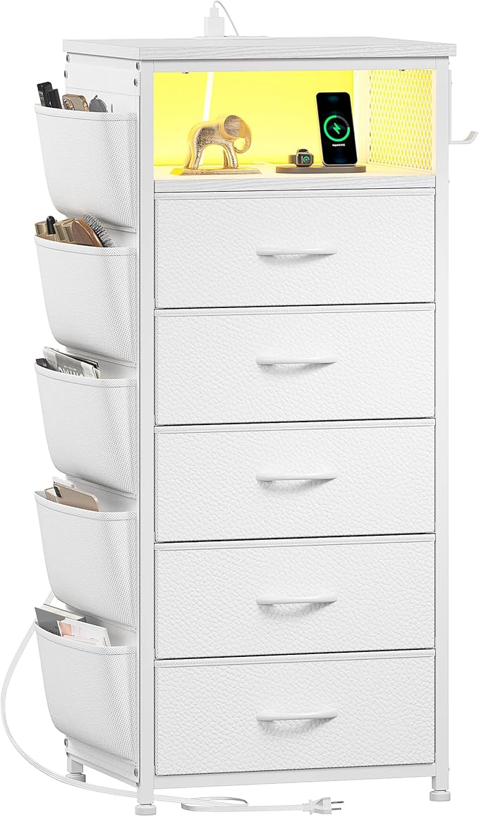 EnHomee Tall Nightstand with 5 Drawers, Night Stand with Charging Station and LED Light, Bedside Table with Extra Side Bag & Hooks, Dorm, Bedroom, Closet, Hallway, Entryway, Save Space, White
