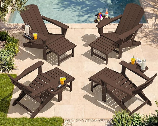 SERWALL Folding Adjustable Adirondack Chairs with Footrest Set of 4, HDPE Outdoor Chair with 4-in-1 Cup Holders, All Weather Adirondack Chair with Ottoman, Coffee