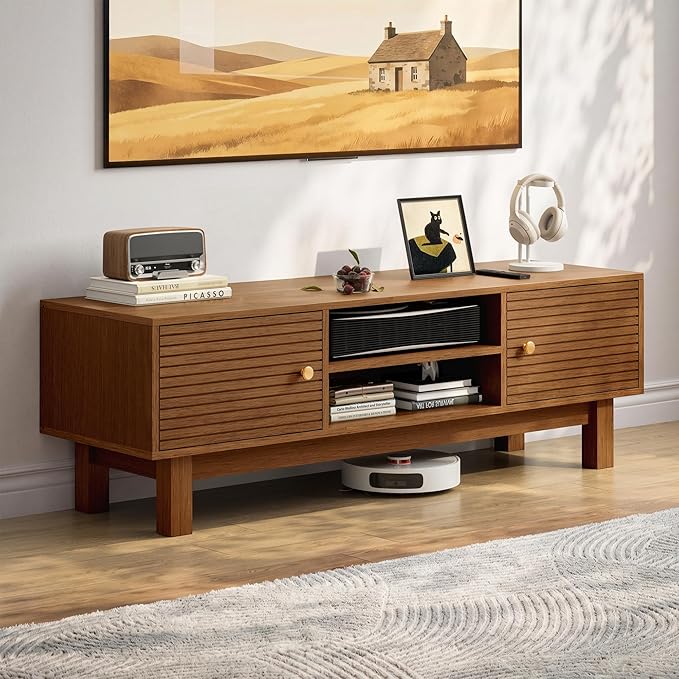 YOSHOOT Mid Century TV Stand for 55 inch TVs, Modern Entertainment Center with Storage Cabinets, Solid Wood Media Console with Open Shelves for Living Room & Bedroom, Walnut