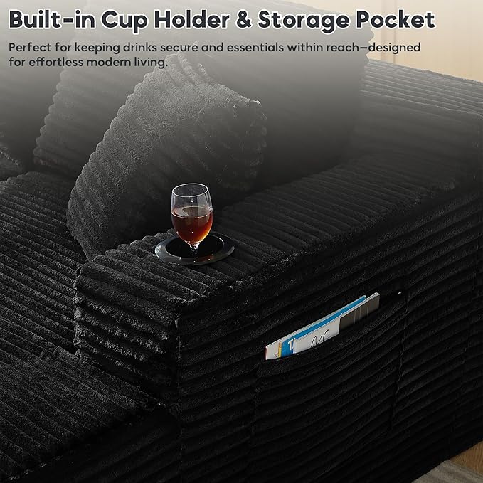 125 Inch Modular Sectional Sofa, Cloud Couch Oversized U Shaped Corduroy Sofa with Storage & Cupholders, Modern Deep Seat Boneless Couches for Living Room, No Assembly Required, Black