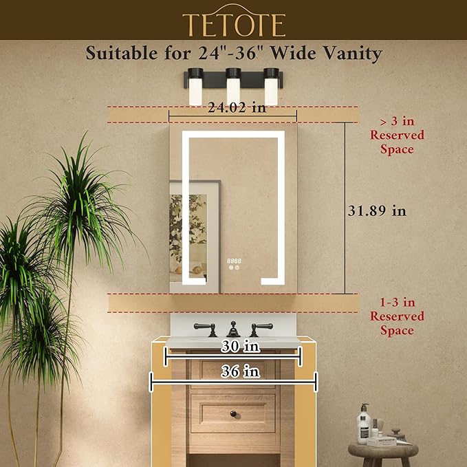 TETOTE 24 x 32 LED Lighted Medicine Cabinet with Lights & Outlets & USB, Recessed or Surface Mount Medicine Cabinet Mirror for Bathroom with Storage, Tempered Glass, 3-Color Dimming, Adjustable Shelf