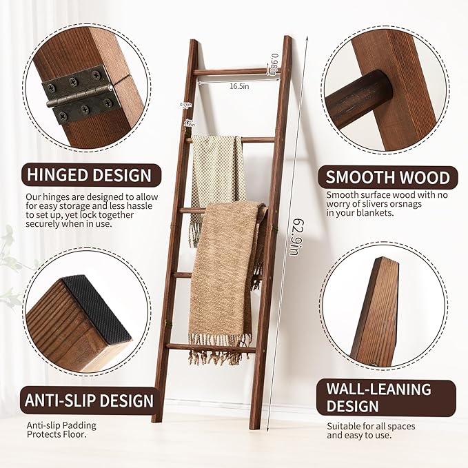 XLHOMO 5-Tier Wooden Blanket Ladder, 63" Rustic Leaning Blanket Rack for Living Room, Decorative Quilt and Towel Holder for Bedroom Bathroom Farmhouse Home Decor, Brown