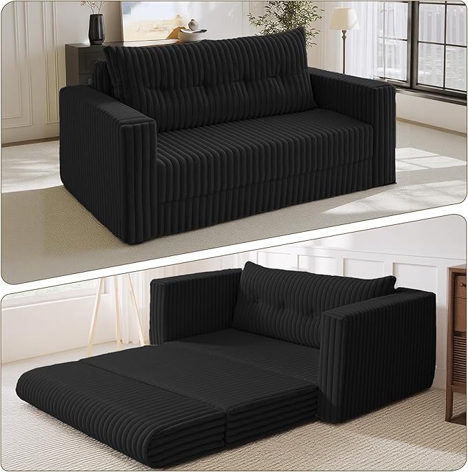 HABUTWAY 49.8" Loveseat Boneless Couch, 4-in-1 Convertible Sofa Bed, Plush Fur Folding Futon Sofa Bed Couches with a Pillow for Living Room, High-Density Foam Support, No Assembly Required, Black