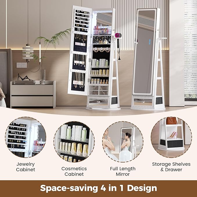 HWB Jewelry Storage Cabinet with LED Full-Length Mirror, 360° Swivel Standing Jewelry Organizers with Shelves & Drawer Storage, Jewelry Armoire with Remote Control Lights, White