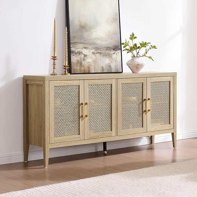 SICOTAS TV Stands for Living Room - Modern TV Console with 4 Doors Cabinet, 59" Television Stands Farmhouse Entertainment Center Media Console Credenza for 45 50 55 60 65 Inch TVs, Light Walnut