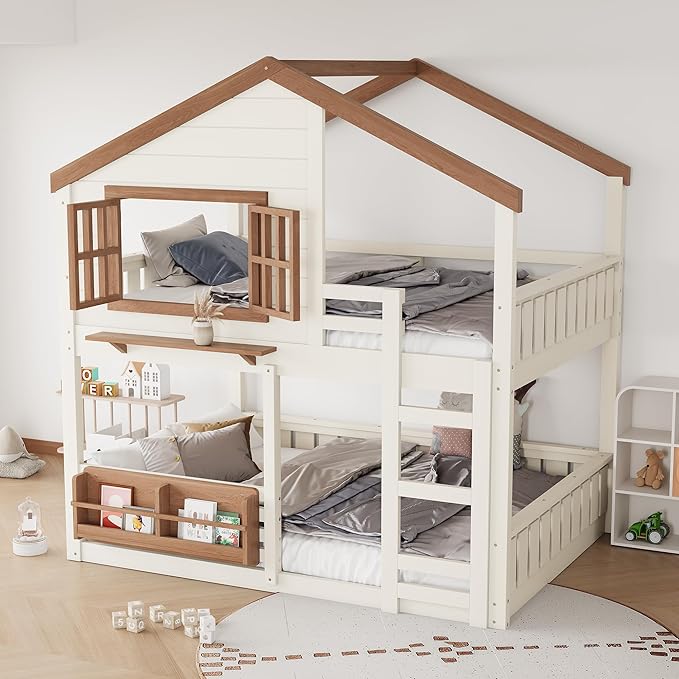 Full Size House Bunk Bed Frame with Storage Bookshelf, Window, Wooden Floor Bunk Bed with Fences, Space Saving for Kids Adults, No Noise, Beige