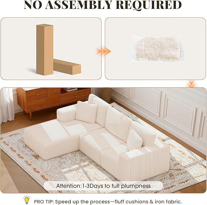 GRUSIGN 107'' Cloud Sectional Boneless Couches for Living Room, Modular L Shaped Couch with Deep Seat Oversized Left Facing Chaise, Memory Foam Compressed Spineless 3 Seater Sofa, Wide-Striped Beige