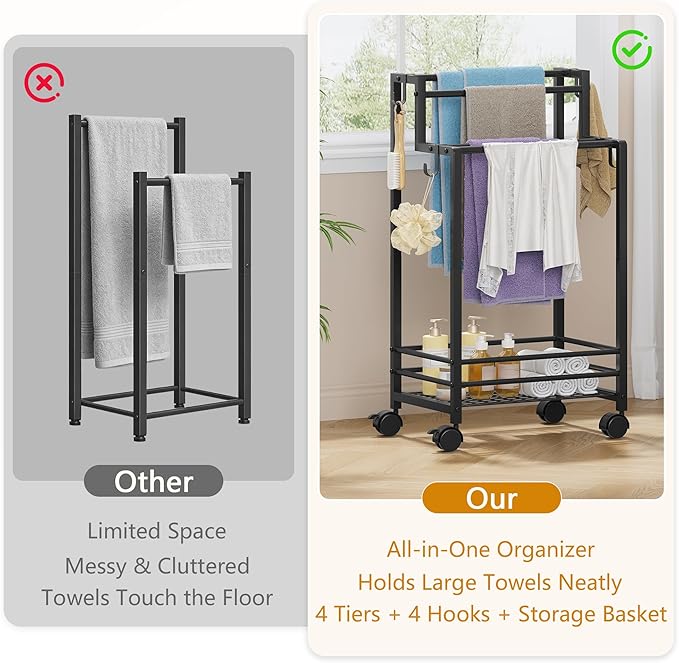 Gewudraw Free Standing Towel Rack, Pool Towel Rack, 4-Tier Blanket Stand with Shelf, Bathroom Towel Drying Rack with 4 Hooks, Rust-Resistant Drying Rack Indoor/Outdoor, Black