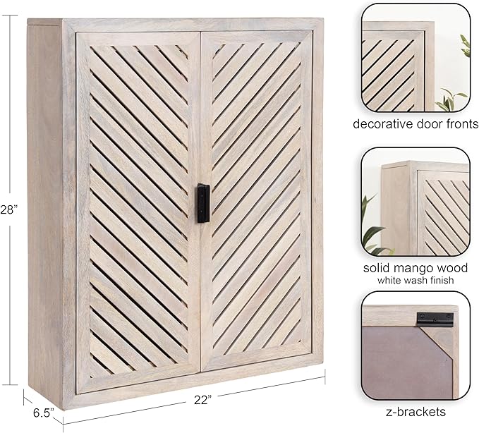 Kate and Laurel Mezzeta Decorative Coastal Two-Door Floating Bathroom Cabinet, 22 x 7 x 28, Whitewash, Decorative Over Toilet Storage Cabinet Made from Solid Mango Wood with Slatted Chevron Design