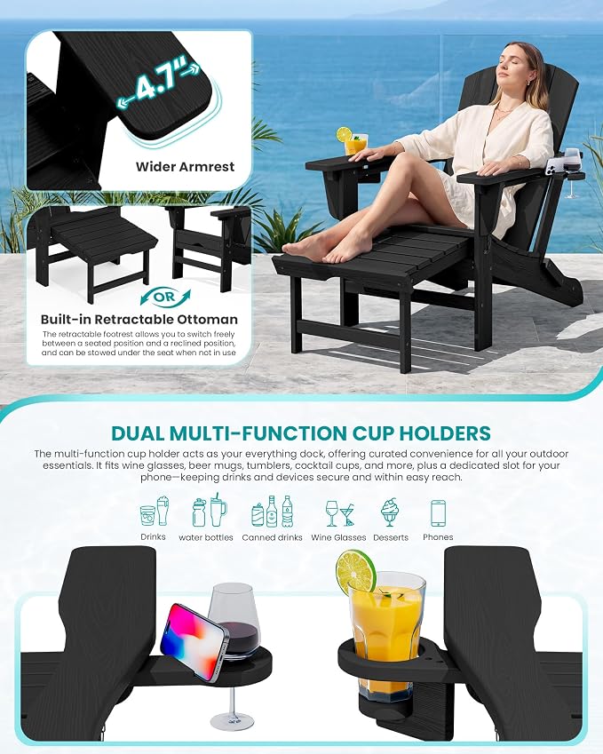 SERWALL Folding Adjustable Adirondack Chairs with Footrest Set of 2, HDPE Outdoor Chair with Dual Cup Holders, All Weather Adirondack Chair with Ottoman, Black