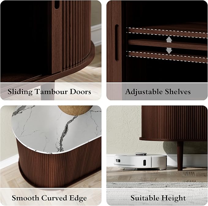DHH 71" Fluted TV Stand with Power Outlet for TVs up to 80", TV Console with Adjustable Shelves and Sliding Door,Mid Century Modern Entertainment Center for Living Room,Bedroom (Walnut+Marble)