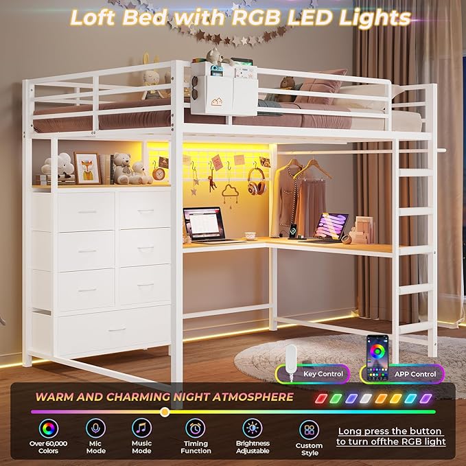 DICTAC Full Loft Bed with L-Shaped Desk and 7 Storage Drawers, Metal Full Size Loft Bed for Teen with LED Lights and Charging Station,13.11" H Safety Guardrail and Ladder,No Box Spring Needed, White