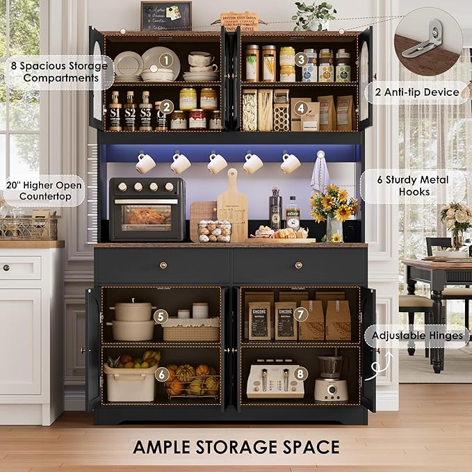 HIFIT 71" LED Kitchen Pantry Cabinet with Power Outlet, Large Kitchen Hutch Cabinet with 2 Storage Drawers & Arched Door, Countertop & Hooks, Tall China Bar for Dining Living Room (Black)