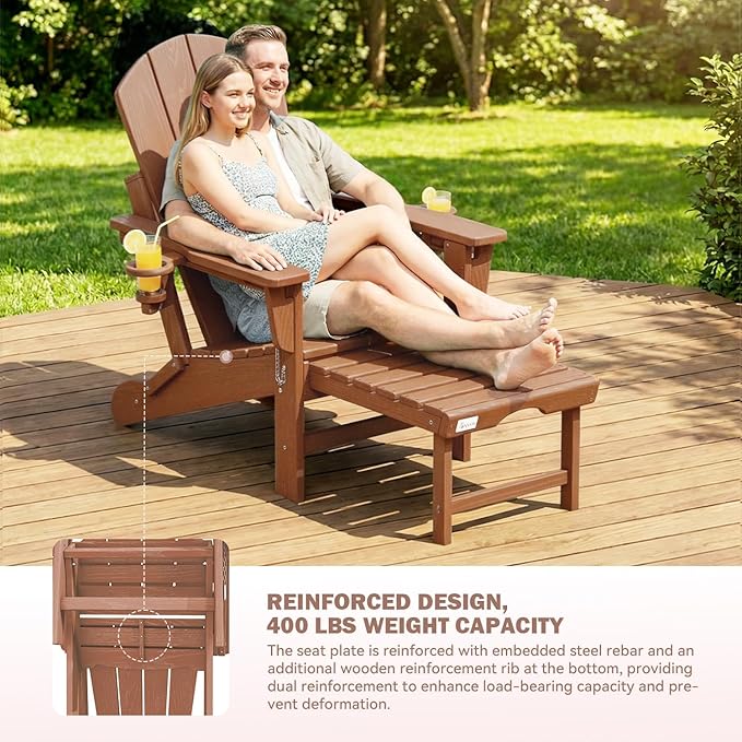 Mdeam 3-Level Adjustable Adirondack Chair with Retractable Ottoman, HDPE All-Weather Folding Fire Pit Chair with 2 Cup Holders, Outdoor Chair for Deck Patio Garden Backyard Lawn (Teak)