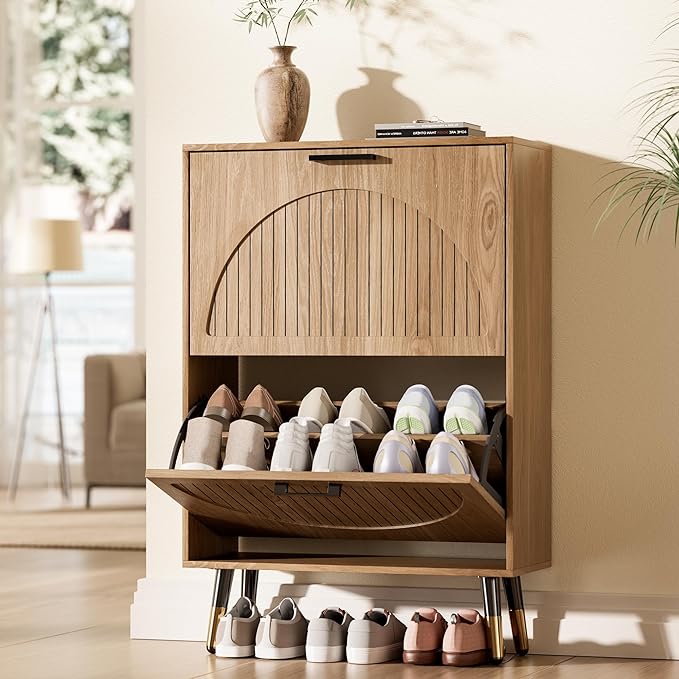 Farmhouse Shoe Cabinet Storage for Entryway, Slim Shoe Rack Cabinet with 2 Flip Drawers, Narrow Shoe Organizer Cabinet with Stylish Round Panel, Metal Leg and Handle