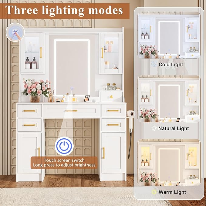 KAMABOKO White Vanity Desk with Mirror and Lights, Makeup Vanity Table with 6 Drawers & 4 Cabinets & Power Outlet, 3 LED Lights Modes Adjustable