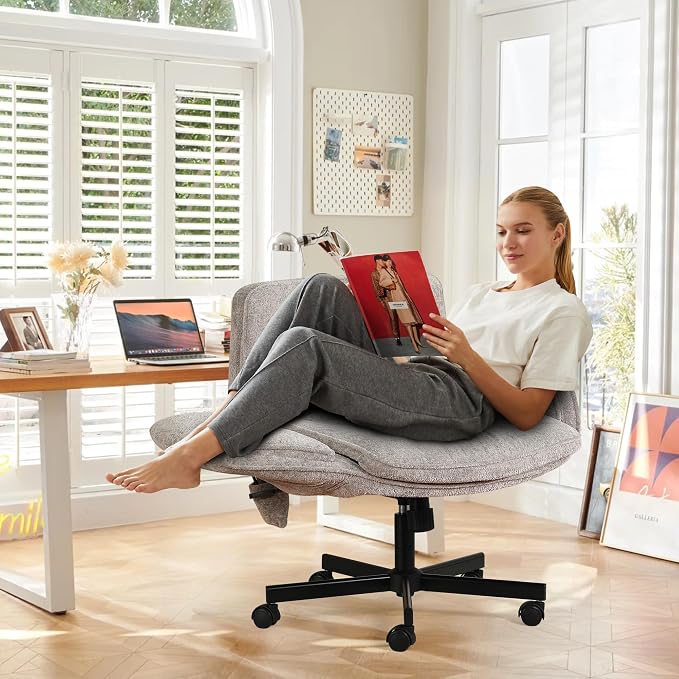 Criss Cross Chair with Lumbar Airbag & Folding Arms Relieve Back Pain, Wide Cross Legged Office Chair for Home Office, Comfy Swivel Desk Chair with Wheels, 5 Level Adjustable Armrest, Chenille(Grey)