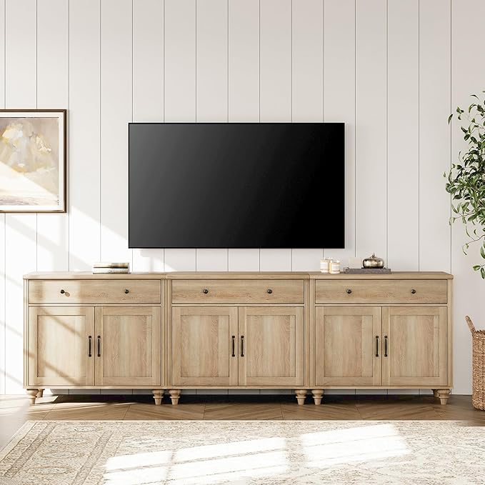 WAMAPT Oak Buffet Cabinet with 6 Doors and 3 Drawers, Large Coffee Bar Table Wood Kitchen Storage Cabinets, Modern Farmhouse Sideboard Credenza for Dining Room, 101 inch