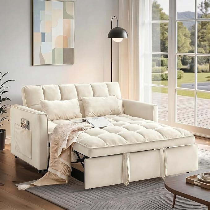 Convertible Sofa Bed, Pull Out Couch with Side Pockets, 3 in 1 Velvet Fabric Loveseat Sleeper Sofa Bed, Pull Out Couch with Adjustable Backrest for Living Room, Bedroom, Apartment, White