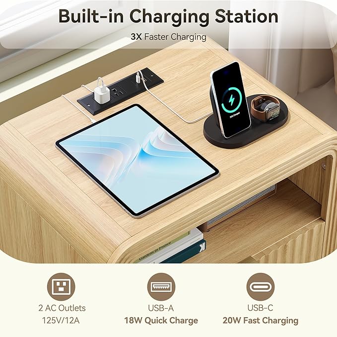 Decofy Fluted Nightstand with Charging Station, 19.7'' Wide Morden End Table with USB/Type-C Ports, 2 Drawers & Open Shelf, Curved Profile Design, Wood Bedside Table for Bedroom (Natural Oak)