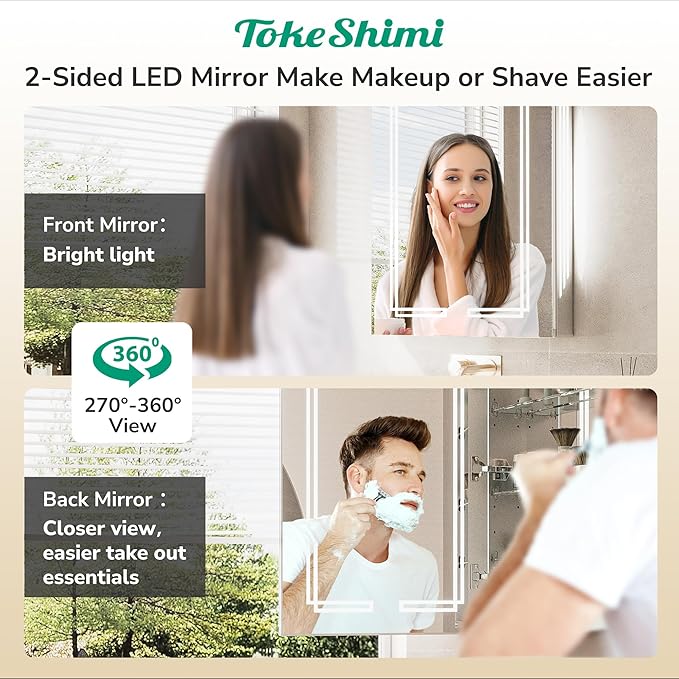TokeShimi 30x26 Inch Lighted Medicine Cabinet, LED Medicine Cabinet with Lights, Wall-Mounted Bathroom Cabinet Mirror with 3 Color Temperature, Anti-Fog, CRI 80+, Memory Function, Tempered Glass