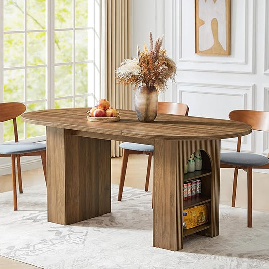 weselon 70.8" Oval Dining Table with Dual Side Storage Shelves, Rustic Farmhouse Table for 4–6 People, Modern Wooden Round Dinner Table for Kitchen, Reception, or Living Room (Walnut, Table Only)