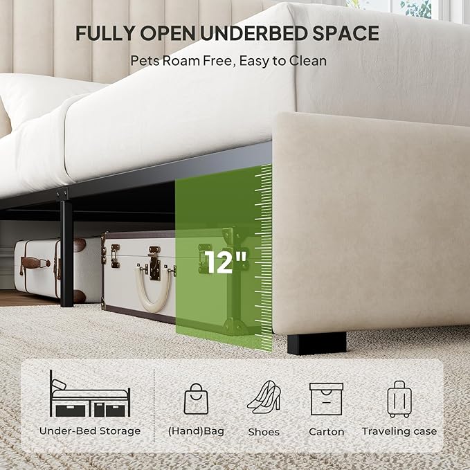 Welzona Full Upholstered Bed Frame with Headboard, Velvet Upholstered Metal Platform Bed with Vertical Channel Tufted Headboard, 3-Level Height, Metal Slat Support, Noise-Free Easy Assembly, White