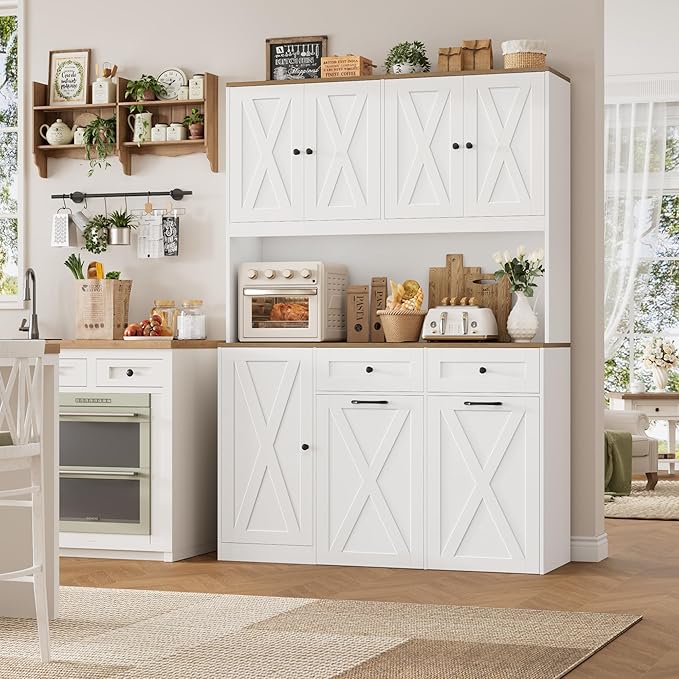 HOSTACK 71"H Kitchen Trash Can Cabinet, 12.5 Gallon Double Pull Out Garbage Can Hutch Cabinet with Trash Bin Storage Holders, 47" Wide Kitchen Pantry with Hidden Garbage Storage for Dining Room, White