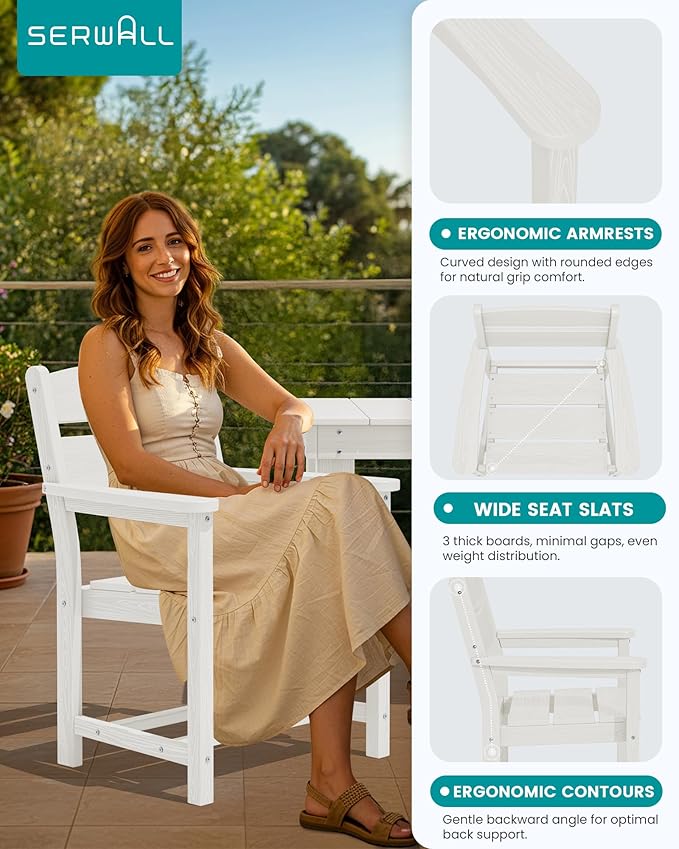 SERWALL Outdoor Dining Table Set, 67‘’ HDPE Patio Dining Set for 6, All-Weather Outdoor Table and Chairs Set for Deck, White