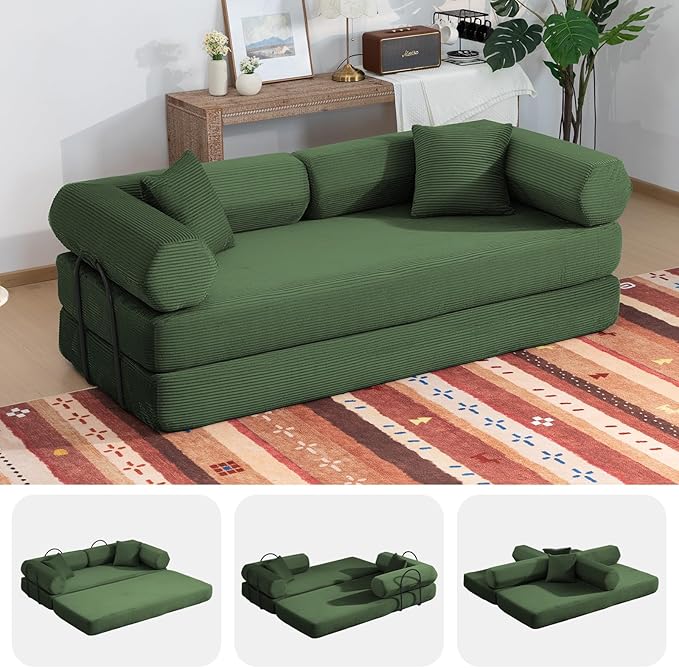79" Boneless Couches for Living Room, Corduroy Sofa Bed with 2 Pillows,Side Pockets,Hex Arm, 5-in-1 Loveseat Sleeper Sofa for Small Spaces, High-Density Foam Couch, No Assembly, Olive Green