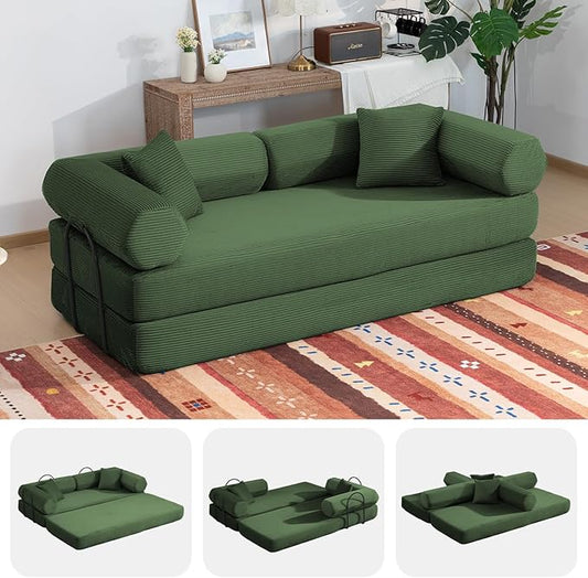 79" Boneless Couches for Living Room, Corduroy Sofa Bed with 2 Pillows,Side Pockets,Hex Arm, 5-in-1 Loveseat Sleeper Sofa for Small Spaces, High-Density Foam Couch, No Assembly, Olive Green
