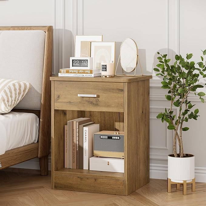 FOTOSOK Nightstand Set of 2, Wood Night Stand Side Table with Drawer and Storage Shelf, Bedside Table End Table, Night Stand for Bedroom, Home Office,Wooden Grain