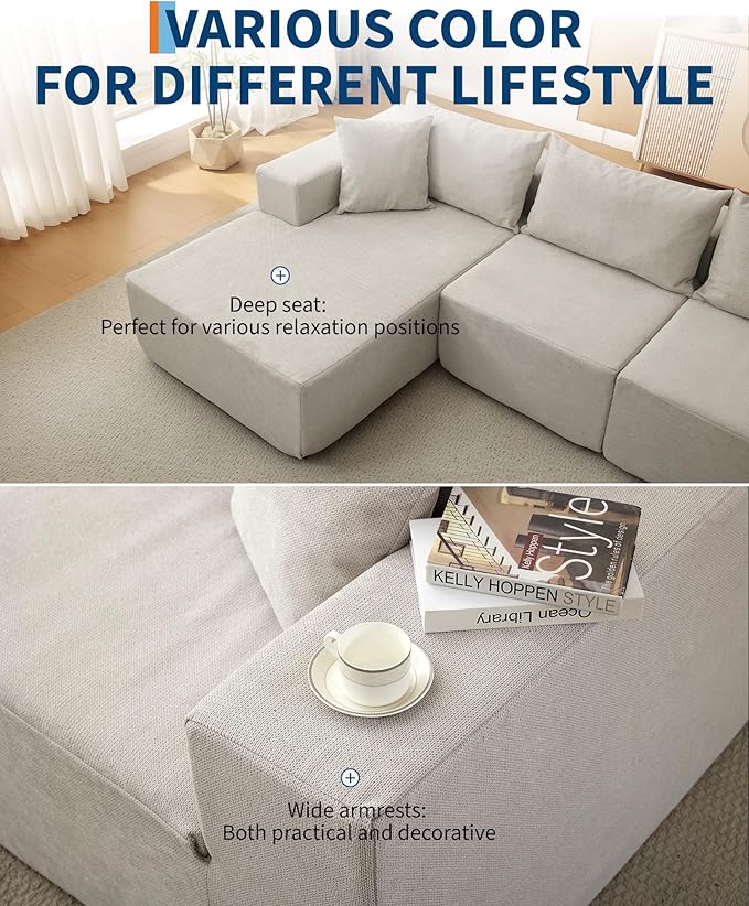 Garvee 108" Modular Sectional Sofa,Cloud Couch Sectional with Left Chaise | Compressed l Shaped Sofa for Living Room | Boneless Couch & Sofa Bed Design,No Assembly Required, Beige