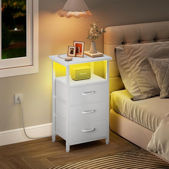 Vagusicc Night stand Set 2 with Charging Station, LED Nightstand for Bedroom, White Bedside Table with 3 Fabric Drawer, End Table Side Table with USB Ports & Outlets, Bed Side Table for Bedroom, White