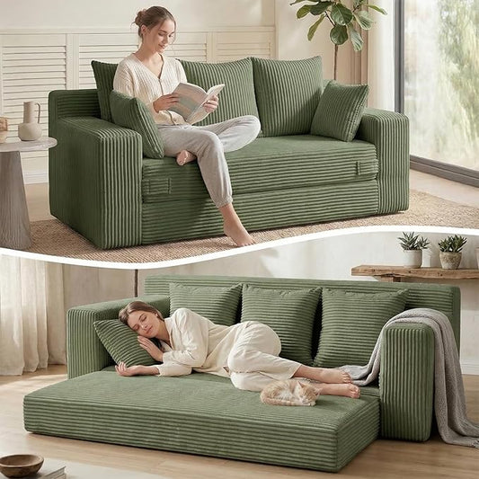 Oversize Loveseat Boneless Convertible Sofa Bed, Folding Floor Futon Sleeper Sofa Queen Size Couch Bed- Boneless Foldable Couch, Corduroy Pull Out Sofa Bed with 5 Pillows for Living Room & Bedroom