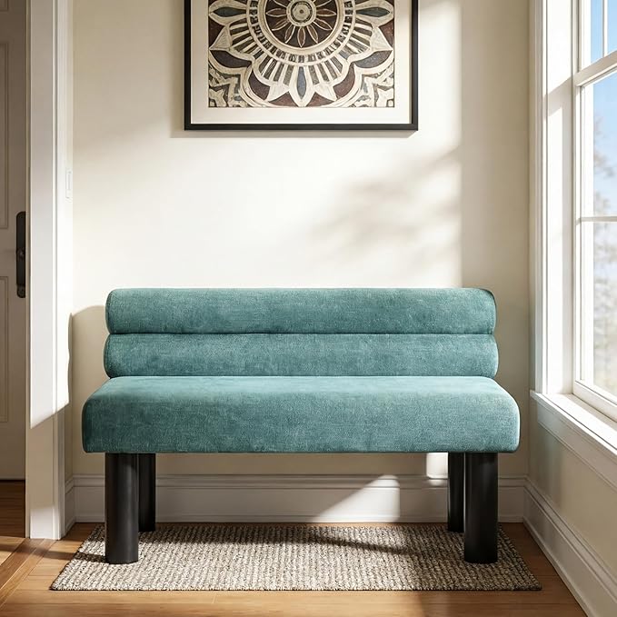 Christopher Knight Home Wally Fabric Upholstered Dining Bench, Long Dining Room Chair, Wooden Entryway Bench, Bedroom End of Bed Bench, Teal Green+Black