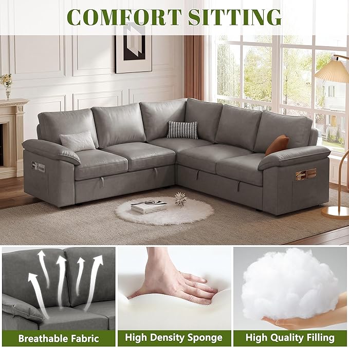 85 Inch Faux Leather Modular Sectional Sofa with Pull Out Bed, L Shaped 5 Seat Sectional Sleeper Sofa with Storage, Sectional Couches for Living Room, Cloud Modular Couch,Gray Leather