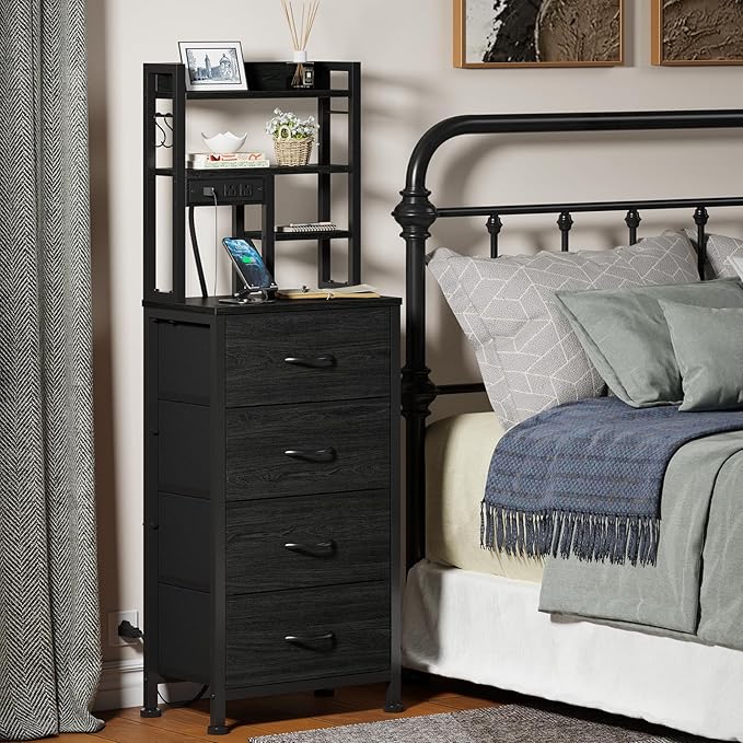 Furnulem Tall Nightstand, LED Night Stand with Charging Station and USB Ports, 4 Fabric Drawers and 4 Tier Storage Shelf, Nightstands Bedside Tables for Bedroom, Dorm, Office (Black Oak)
