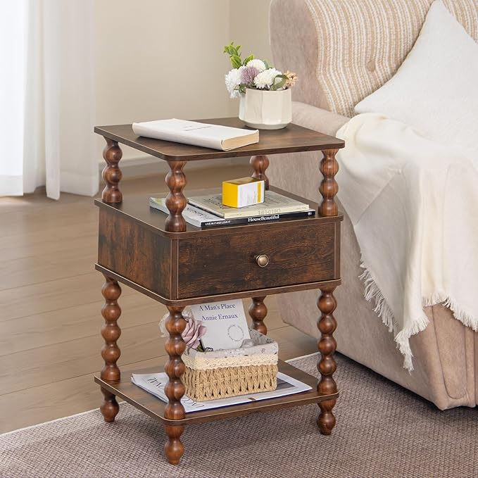 AWASEN Night Stand, Bed Side Table Bedroom with Drawer, 3-Tier Small Nightstand End Table with Storage for Small Spaces &Solid Wood Spindle Legs, Rustic Brown