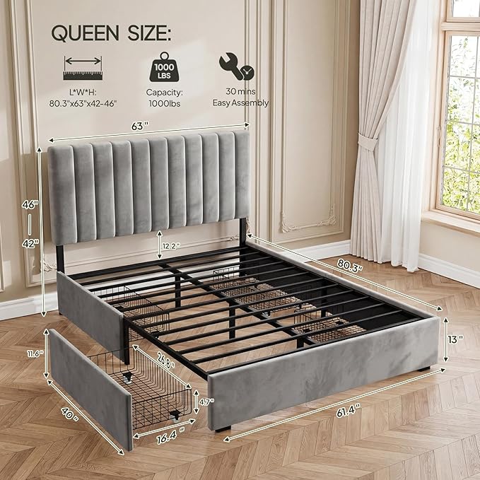 Welzona Queen Upholstered Bed Frame with 4 Storage Drawers, Velvet Upholstered Metal Platform Bed with Vertical Tufted Headboard, 3-Level Height, Metal Slat Support, Noise-Free Easy Assembly, Grey
