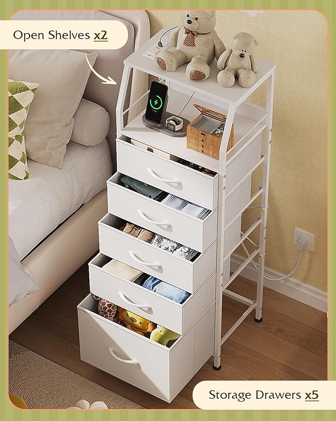 WLIVE LED Nightstand with Charging Station, White Dresser with 5 Fabric Drawers for Bedroom, Tall Night Stand with Open Shelves, Bed Side Tables Living Room