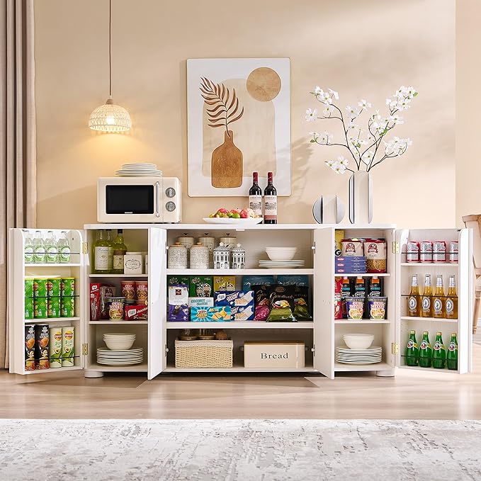 IFGET Curved Buffet Cabinet with Doors, 66" Large Sideboard Buffet Storage Cabinet with 4 Doors and Shleves, Modern Coffee Bar Station Wood Kitchen Table for Kitchen, Dining Room, White