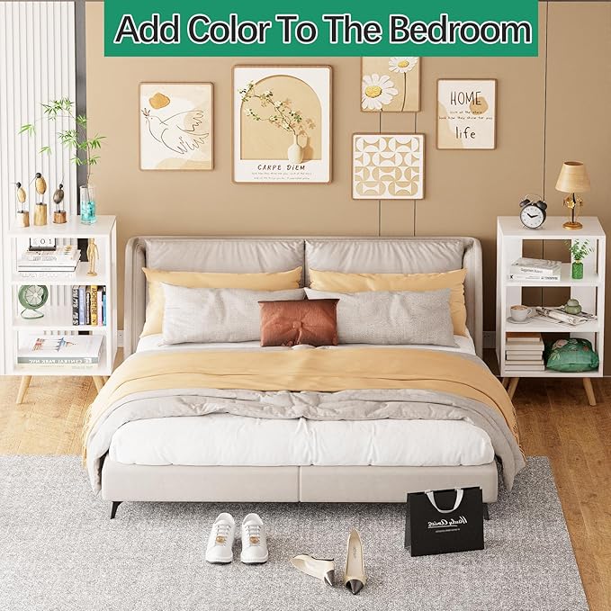 Aenuert Night Stand, White Nightstand, Modern End Table with Open Storage, 3-Tier Wooden Bedside Table for Small Space, Living Room, Bedroom