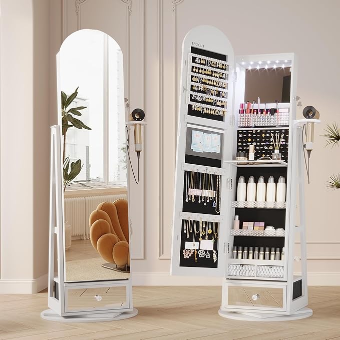 LVSOMT 64" H Arched LED Mirror Jewelry Cabinet Standing, 360° Swivel Full-Length Mirror with Storage, Lockable Jewelry Organizer with Inner Makeup Shelf, Gift for Women, White