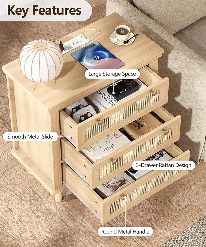 Keehusux Night Stand with 3 Large Storage Drawers, 26.8" H Rattan Nightstand with Charging Station, Boho Bedside Table with Round Handles, Wooden End Table for Bedroom, Natural Oak KES008MECTG