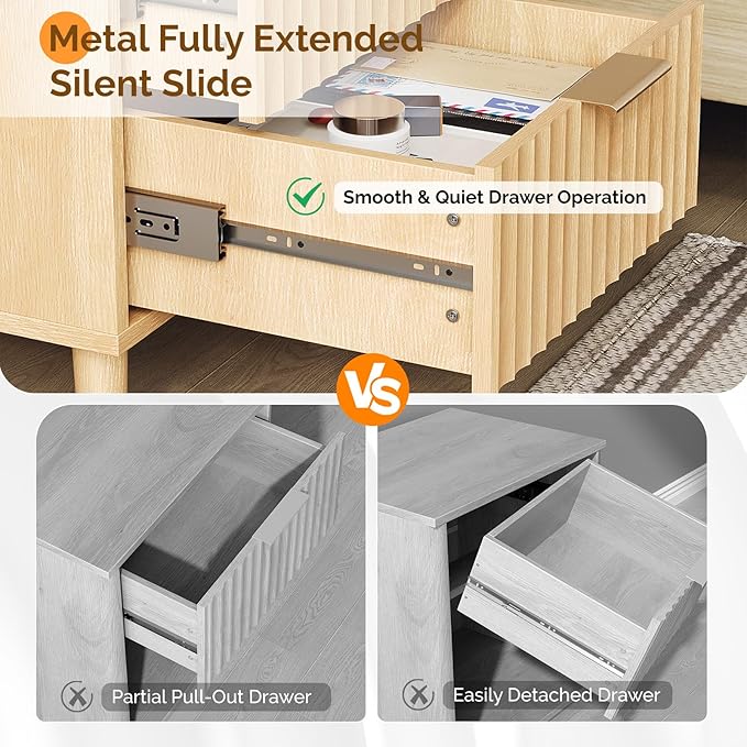 VINGLI Fluted Nightstand with Charging Station, Wood Nightstand with 2 Drawers Night Stand for Bedroom, Fluted Bedside Table/End Table/Side Table with Pine Wood Legs, Oak, 15.75" W*15.55" D*23.62" H