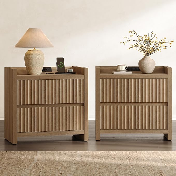 SICOTAS Night Stands Set of 2-Fluted Nightstands with Charging Station- Modern 2 Drawers Nightstand 25" Tall Bedside Table End Table, Large Night Stand for Bedroom, Sofa Side